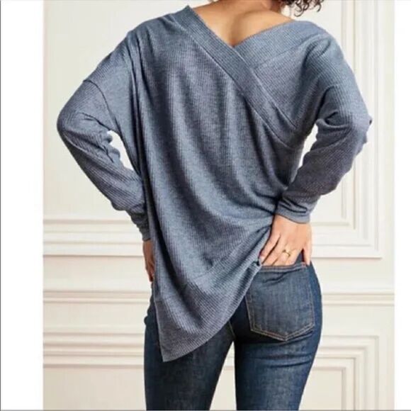 Stella & Dot Asymmetrical Ribbed Double V Sweater NWT Chambray Blue Grey Small - Picture 2 of 12